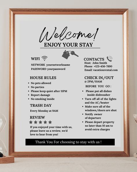 Just in! This unique Welcome Sign for Airbnb Hosts, Vacation Rental Printable, Guest Arrival Poster, Template for VRBO, Things to Know, Beach House Rules, Wifi for $3.20. #VRBO #AirbnbTemplate #BeachHouseRules #Template #BeachCondoRules #Printable #VrboTemplate #VacationRental #AirbnbWelcomeSign #GuestArrivalPoster Airbnb Decor Room Ideas, Airbnb House Rules, Airbnb Apartment, Airbnb Tips, House Rules Sign, Airbnb Welcome Sign, Arrival Poster, Airbnb Ideas, Airbnb House