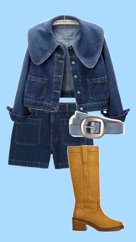 frye boots denim shorts blue belt denim jacket Boots Denim Outfit, Fall Transition Outfits, Transition Outfits, Pull On Boots, Denim Outfit, Wardrobe, Boots