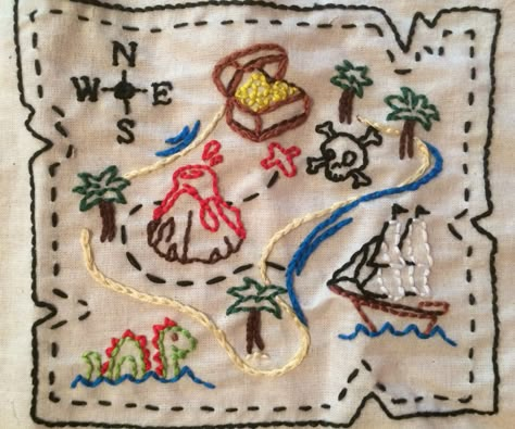 Embroidered treasure map Felt Treasure Map, Map Embroidery Ideas, Diy Treasure Map, Pirate Embroidery, Map Embroidery, Embroidery Map, Map Dress, Pirate Map, Map Quilt