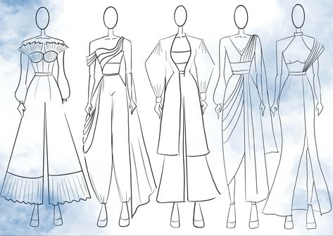 Indo Western Silhouettes, Indo Western Illustration, Indo Western Dress Illustration, Dress Illustration Design, Bride Fashion Illustration, Fashion Design Inspiration Board, Silk Saree Blouse Designs Patterns, Digital Fashion Illustration, Floral Print Gowns