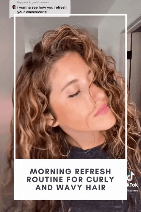 close up of a girl scrunching her curls rotating her head Quick Curl Refresh, Leave In Conditioner Wavy Hair, Refreshing Wavy Hair Next Day, Refresh Waves Next Day, Day Two Curly Hair Refresh, How To Refresh Your Curls, Styling Fine Wavy Hair, Refresh Day 2 Curls, Revive Curls Next Day