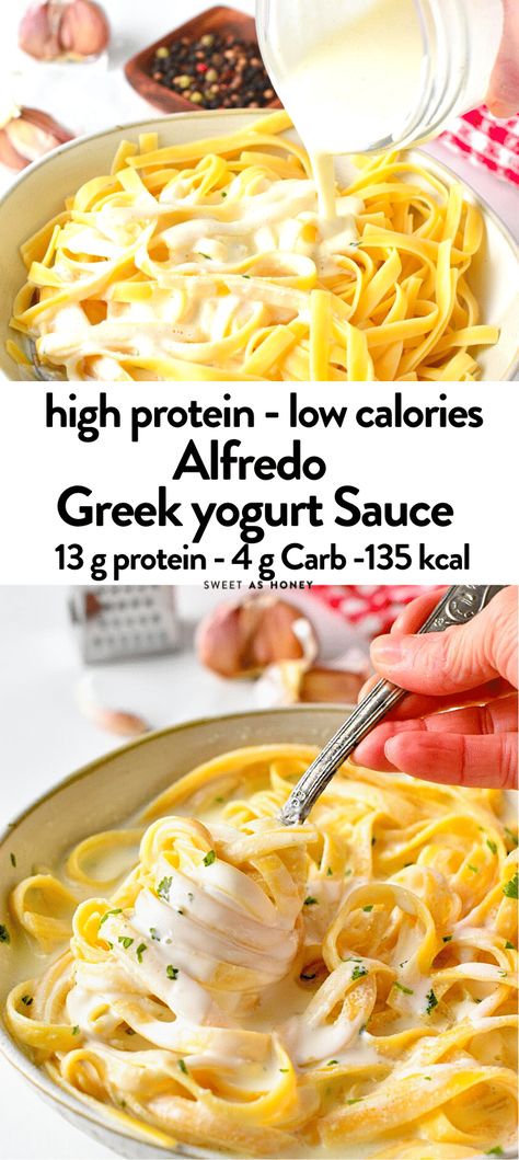 Low Calorie Alfredo Sauce, Greek Yogurt Pasta Sauce, Sauce With Greek Yogurt, Greek Yogurt Alfredo Sauce, Greek Yogurt Pasta, Healthy Alfredo Sauce, Low Calorie Pasta, Greek Yogurt Sauce, High Protein Pasta