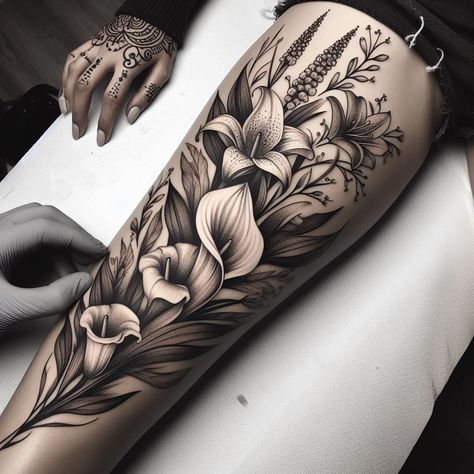 Black Lillies Tattoo, Leg Tattoos To Cover Veins, Large Cover Up Tattoos For Women Arm, Alcatraz Flower Tattoo, Cala Lillies Tattoo, Large Fine Line Tattoo, Black Coverup Tattoo, Floral Black Work Tattoo, Hip Tattoo Cover Up Ideas