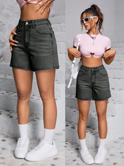 Solid Color Frayed Hem Pocket Casual Denim Shorts For Summer Dark Grey Casual   Denim Plain Straight Leg Non-Stretch  Women Clothing, size features are:Bust: ,Length: ,Sleeve Length: Casual Denim Shorts, Shorts For Summer, Jeans Casual, Fashion Mistakes, Style Mistakes, Short En Jean, Casual Denim, Maternity Bag, Summer Shorts