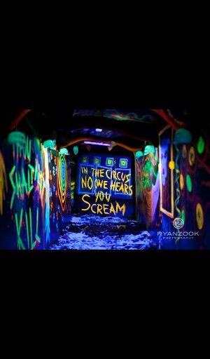 And this Haunted Trailer Ideas, Blacklight Room, Blacklight Halloween, Scary Carnival, Haunted House Ideas, Haunted Circus, Haunted Trail, Haunted Carnival, Halloween Maze