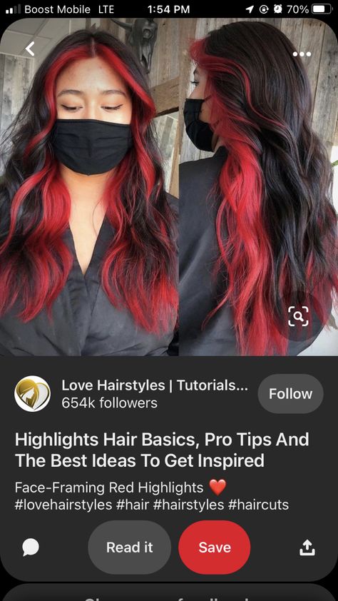 Black And Red Peak A Boo Hair, Top Half Black Bottom Half Red Hair, Front Strip Of Hair Dyed, Red Front Hair Strands, Under Dye Hair Ideas, Black Hair Red Money Piece, Black Hair With Red Money Piece, Red Face Framing Highlights, Peak A Boo Highlights Brunettes