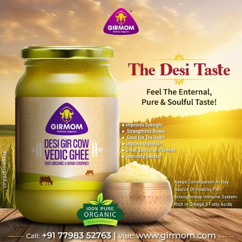 Desi Ghee Creative Ads, Ghee Creative Ads, Gir Cow, Organic Ghee, Organic Packaging, Cow Ghee, Desi Ghee, Food Flyer, Etsy Shop Banner