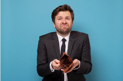 Businessman showing empty wallet having no money. I lost all my savings. Studio shot on blue wall. Empty Wallet, No Money, Studio Shoot, Business Man, Lost, Wallet, Money, Human, Wall