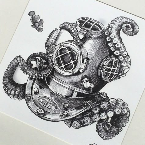 Diving helmet                                                                                                                                                                                 More Voll Arm-tattoos, Diver Tattoo, Ink Master Tattoos, Diver Art, Helmet Tattoo, Octopus Drawing, Dove Tattoos, Octopus Tattoos, Sea Tattoo