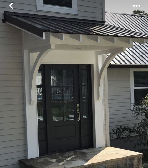 Front Overhang Entrance, Overhang For Garage Door, Farmhouse Portico Entry, Front Door Peaked Roof, House Awnings Front Door, Arbor Over Front Door Entrance, Shed Portico, Front Door Roof Overhang Entrance, Awning Over Front Door Entrance