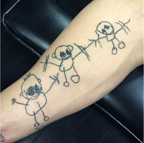 Adorable ideas for tattoos if you have kids -- get their artwork inked on you! #TattooIdeas #Moms Stick Figure Tattoo, Twin Tattoos, Kunst Tattoos, Men Tattoos, Mother Tattoos, Shark Tattoos, Incredible Tattoos, Childrens Drawings, Kid Art