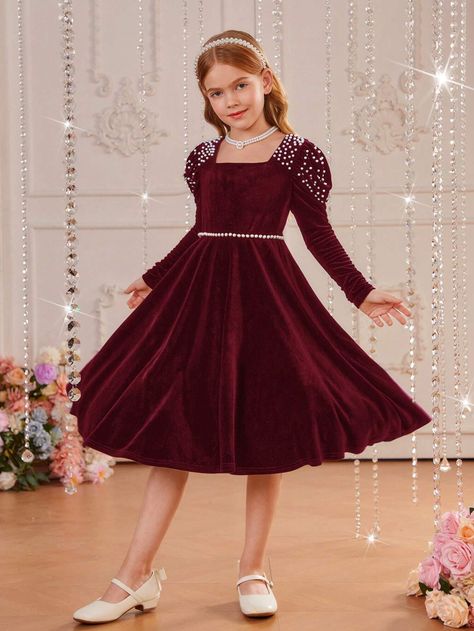 SHEIN Tween Girl Pearls Beaded Gigot Sleeve Velvet Dress | SHEIN USA Velvet Dress For Kids Girl, Baby Wedding Outfit, Burgundy Party, Girls Velvet Dress, Kids Christmas Dress, Frocks For Kids, Gigot Sleeve, Kids Party Wear Dresses