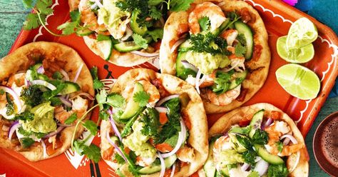 In just over 30 minutes you can prepare these delicious tostadas, meaning 'toasted' tortillas, topped with Mexican-spiced prawns. Prawn Tostadas, Tostadas Recipe, Prawn Cocktail, Mediterranean Diet Meal Plan, Easy Mexican, Mediterranean Diet Recipes, Entertaining Ideas, Inspired Recipes, Menu Planning