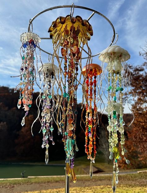 Jellyfish Made From Plastic Bottles, Floating Jellyfish Craft, Jellyfish Diy Craft, Hanging Jellyfish Diy, Hanging Jellyfish Decor, Paper Mache Jellyfish, Ceramic Jellyfish, Jellyfish Windchime, Jellyfish Suncatcher