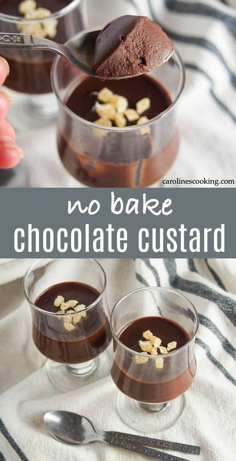 Sometimes you just need a rich, decadent dessert and this no bake chocolate custard is an easy solution. The little bites of candied ginger are the perfect touch to make every mouthful sparkle. Plus it's made ahead for easy serving too. #makeaheaddessert #nobake #dessert #chocolate Baked Chocolate Custard, Chocolate Custard Pudding, Custard Desserts Easy, Chocolate Custard Recipe, Crystalized Ginger, Nobake Dessert, Custard Recipe, Homemade Custard, British Desserts