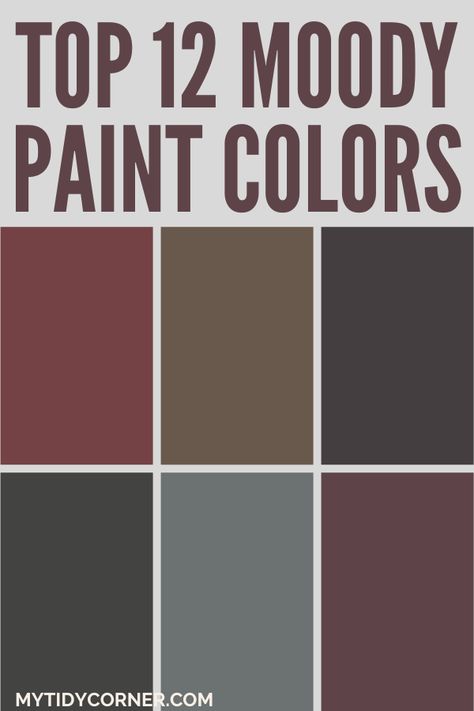 Collage of the top moody paint colors for your next home painting project. Sweet Molasses Behr Paint, Moody Living Room Painted Ceiling, Paint Colors That Go With Rust Color, Moody Color Palette Sherwin Williams, Sherwin Williams Fine Wine, Moody Home Paint Colors, Moody Nursery Paint Colors, Best Earthy Paint Colors, Moody Mauve Living Room