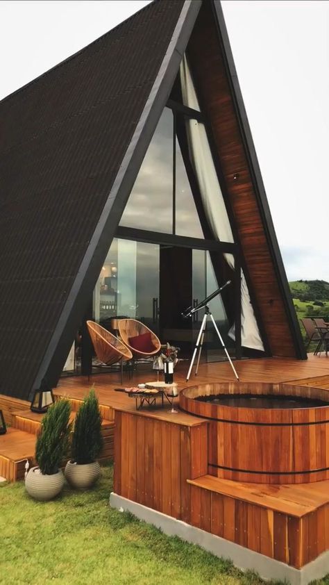 A-Frame cabin escape, who needs this hot tub and view? in 2022 | Tiny house exterior, A frame house plans, Architectural design house plans A Frame Cabin Plans, Triangle House, Tiny House Exterior, A Frame Cabins, A Frame House Plans, Architectural Design House Plans, Back Porch Ideas Covered, A Frame Cabin, غرفة ملابس