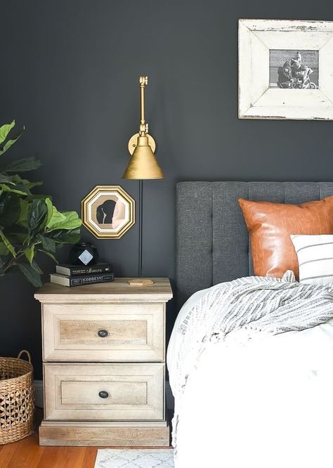 Dark and Moody Modern Farmhouse Bedroom. #highcontrast #modernfarmhouse #bedroom Dark Bedroom Walls, Black Accent Walls, Dark Paint Colors, Modern Farmhouse Bedroom, Moody Bedroom, Bedroom Updates, Dark Bedroom, Classy Bedroom, Bedroom Accent