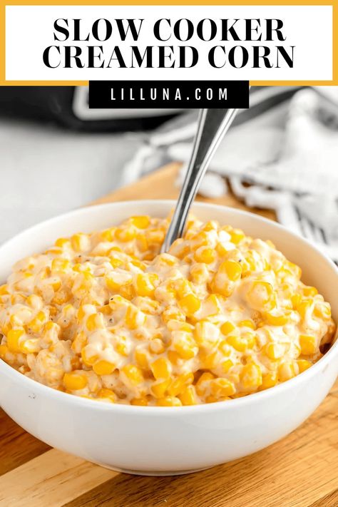 Cream Corn Recipe Crock Pot, Slow Cooker Creamed Corn, Corn Side Dish, Creamed Corn Recipes, Cream Corn, Tiffin Recipe, Crock Pots, Corn Dishes, Corn Recipe