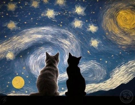 Cat Design Art, فنسنت فان جوخ, Silhouette Canvas, Arte Van Gogh, Pola Kartu, Soyut Sanat Tabloları, Two Cats, Seni Cat Air, Van Gogh Art