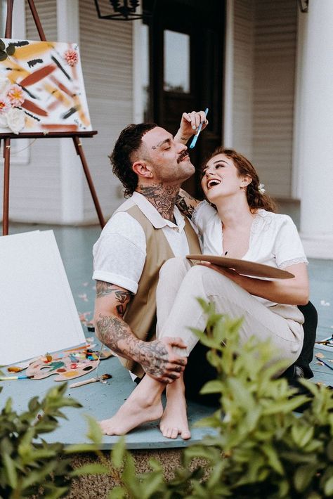 Free and Cheap Date Ideas or Ideas for your Couples Engagment Session. Grab some paints and paint brush and paint! Photographer is based in Chattanooga, TN. Styled by @alexismayphotog, hair and makeup by @cherithbrookebeauty. Clothing @natalieejogray. Models @becomingtherain and @justinweatherbee @thetattoedcouple. Artsy Photo Ideas, Couples Painting Together Photoshoot, Artist Couple Photography, Prewedding Ideas Creative Couple Photography, Couple Painting Together Pictures, Painting Engagement Photos, Painting Couples Photoshoot, Paint Photoshoot Couple, Paint Couple Photoshoot