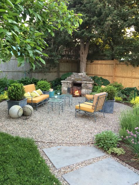 Patios With Gravel, Cheap Wood Deck Ideas, Backyard Garden Fire Pit, Side Yard Hang Out Ideas, Next To House Landscaping, Square Backyard Layout, Odd Shaped Patio Ideas, Shade Backyard Ideas, Pea Gravel Backyard