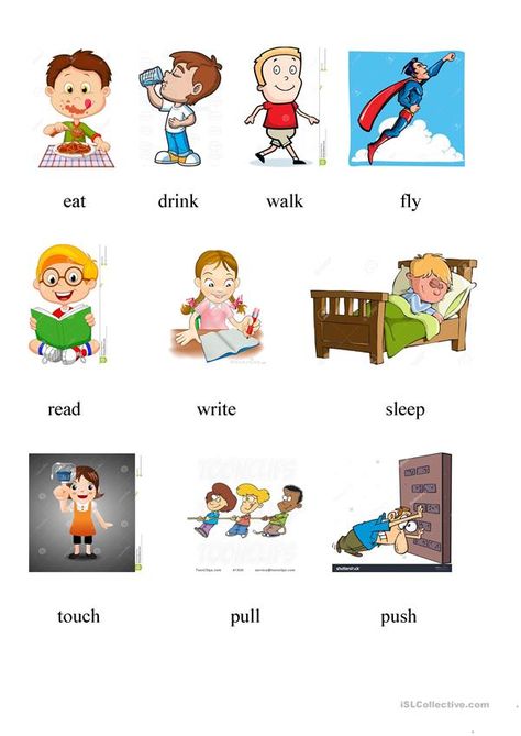 Verbs For Kids, Verbs Poster, Teaching Verbs, Kindergarten Phonics Worksheets, Action Pictures, Grammar For Kids, English Teaching Materials, English Activities For Kids, Teaching English Grammar