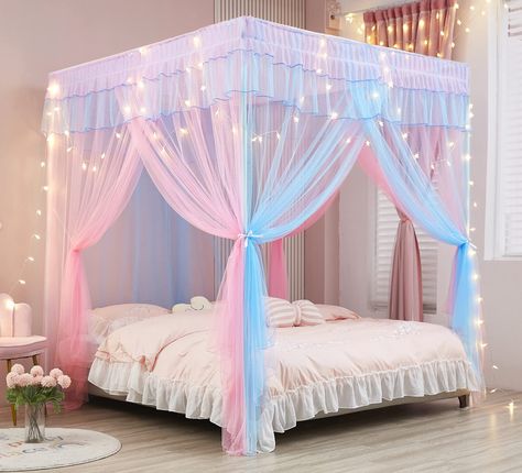 Curtains With Lights, Rainbow Canopy, Bed Canopy With Lights, Princess Bed Canopy, Princess Bedroom Decor, Rainbow Bed, Princess Canopy Bed, Bed Drapes, Canopy Bed Curtains