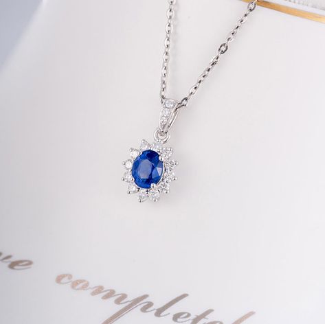 Oval Blue Sapphire Diamond Pendant 14K White Gold (WITHOUT CHAIN) Metal Type: Solid 14K GoldMain Stone: Ceylon Blue SapphireCarat Weight: 0.52ctwCut: Oval Cut Accent Stone: Natural DiamondCarat Weight: 0.19ctwCut: Round Cut Setting Style: Prong,Pave Blue Sapphire Diamond Pendant, Sapphire Diamond Pendant, Blue Sapphire Pendant, Blue Sapphire Necklace, Blue Sapphire Diamond, Sapphire Pendant, Gold Earrings Designs, Sapphire Necklace, Natural Blue Sapphire