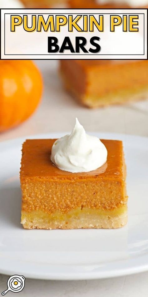 These easy Pumpkin Pie Bars are rich, creamy, and made with a buttery shortbread crust. The perfect stress-free dessert to make this holiday season! Pumpkin Pie Bars Easy, Dessert For Fall, Pumpkin Pie Bars Recipe, Easy Bar Recipes, Dessert To Make, Pie Bar Recipes, Pumpkin Pie Bars, Traditional Pumpkin, Easy Pumpkin Pie