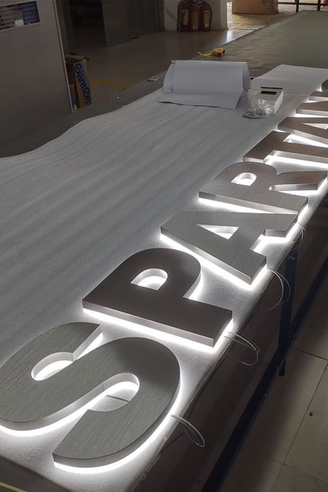 Custom brushed silver letter sign led stainless steel Office Wall Design, Daycare Design, Shop Signage, Backlit Signs, Led Logo, Small Apartment Interior, Signage Display, Interior Signs, Church Stage Design