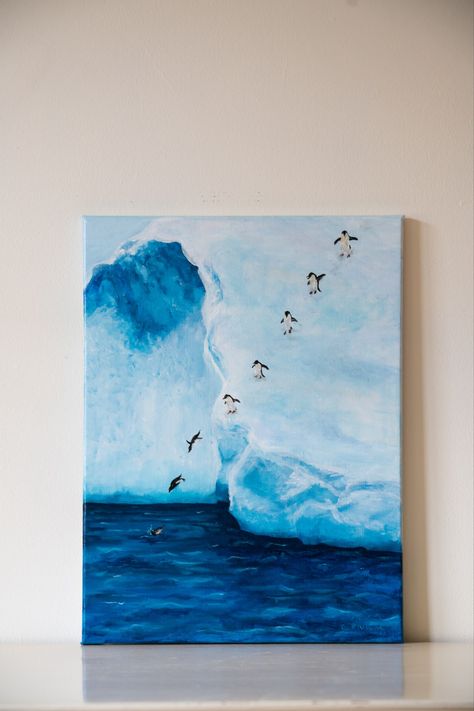 This captivating painting captures the sheer joy and whimsical nature of penguins sliding down the ice into the glistening ocean. - Acrylic on stretched canvas - Protective varnish applied - Fitted with wire on the back ready to hang AU$450 Penguin Painting On Canvas, Penguin Painting Acrylic, Penguins Painting, Arctic Painting, Penguin Painting, Night Paintings, Whimsical Nature, Penguin Art, Paint Night