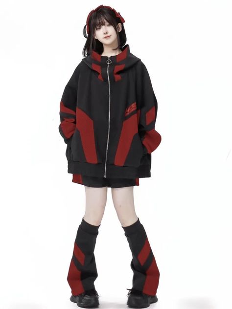 Tech Wear Hoodie, Black And Red Streetwear, Fashion Outfits Hoodie, Cyberpunk Fashion Women, Red Hoodie Outfit, Streetwear Hoodie Design, Hoodie Reference, Cyberpunk Hoodie, Cosplay Hoodie