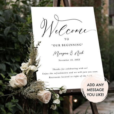 $11 - Elegant Script Wedding Welcome Sign with Message - wedding signage, wedding welcome sign, welcome to our wedding, calligraphy typography, bridal welcome sign, black and white, script, welcome sign with message, modern simple elegant, welcome to our beginning sign Welcome Sign Black And White, Welcome To Our Beginning Sign, Wedding Welcome Signage, Welcome To Our Beginning, Signage Wedding, Brunch Decor, Wedding Reception Signs, Calligraphy Typography, Wedding Welcome Sign