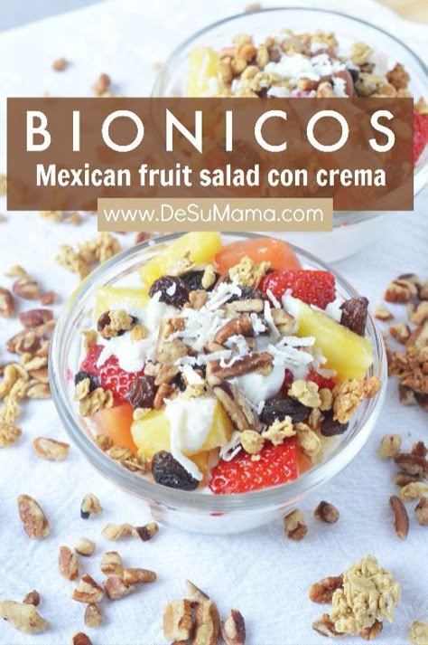 The sweetest Mexican street food you'll find in Mexico is the Bionicos, a Mexican fruit cup with Mexican yogurt cream. And guess what? It's easy to learn how to make Bionicos at home with this Bionico recipe! Perfect for kids too! Mexican Fruit Salad, Mexican Fruit Cups, Mexican Fruit Salads, Mexican Fruit, Fruit Cup, Recipe Mexican, Mexican Snacks, Mexican Street Food, Recipes Mexican