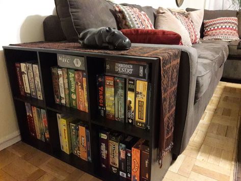 Geek House Ideas, Board Game Corner In Living Room, Boardgame Display Ideas, Living Room Board Game Storage, Small Space Game Room, Aesthetic Board Game Storage, Board Game Storage Ideas Living Room, Board Games Room Ideas, Board Game Organizer