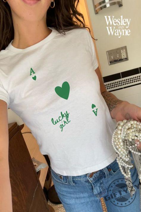 "Get Lucky with our Festive St Patrick's Day Shirt!" 90s Shirts Graphic Tees, Minimal Shirt Design, Lucky Girl Syndrome, Coquette Shirt, Baby Graphic Tees, Lucky Shirt, 90s Baby, Y2k Baby Tee, Downtown Girl