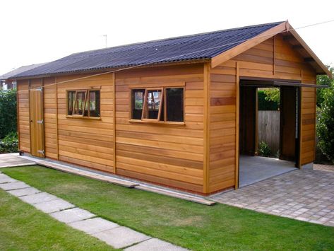 Pool Cabana Ideas, Wooden Garages, Timber Frame Garage, Wooden Carports, Timber Garage, Wooden Workshops, Carport Garage, Concrete Construction, Diy Garage Door