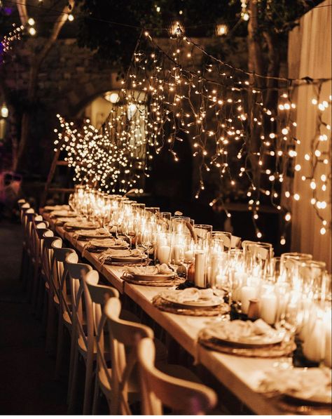 Wedding Star Lights, Candle Lit Wedding Reception Outdoor, Wedding Floor Lights, Candle Light Reception, Candle Party Decor, Fairylights Decor Wedding, Candlelight Dinner Party, Wedding Decorations Night, Candle Lit Wedding Reception Romantic