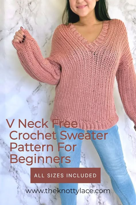 This elegant V-neckline crochet sweater is a free pattern in all 9 sizes. Learn how to make this pretty knit-like stitch in no time. The video tutorial included is perfect for beginners. Sweater Stiches Crochet, Crochet Top Down V Neck Sweater, How To Crochet A Sweater For Beginners, Beginner Crochet Sweater Pattern Free, Free Crochet Sweater Pattern, Easy Crochet Sweater Pattern Free, Sweater Crochet Pattern Free, Crochet Sweater Pattern Free Women, Crochet Sweater Ideas