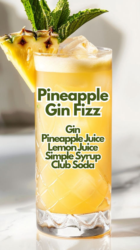 Pineapple Gin Fizz Gin Alcohol Drinks, Pineapple Juice Cocktails, Pineapple Gin, Camping Cocktails, Pineapple Cocktail Recipes, Pineapple Cocktails, Cocktail Cards, Simple Syrup Cocktails, Juice Cocktails