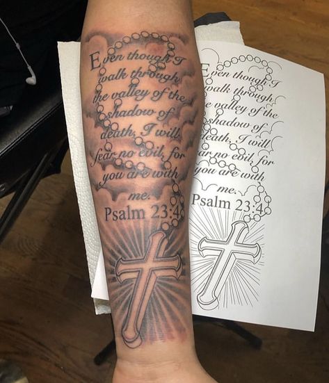 Forearm Verse Tattoo, Tattoo Ideas For Men Biblical, Bible Verse Half Sleeve Tattoo, Psalms Tattoos Men, Tattoo Designs Men Bible Verse, Bible Verse Sleeve Tattoo Women, Scripture Tattoos Black Women Forearm, Forearm Tattoo Men Meaningful, Faith Tattoos Men