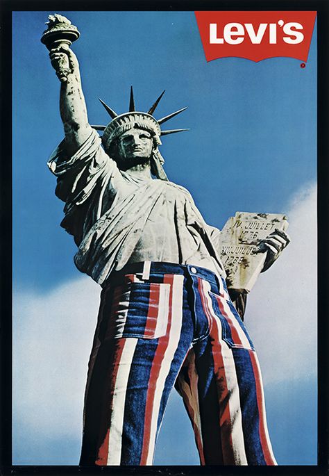 Levis’s campaign starring the Liberty statue, 1971. AD René van Rossom for Young & Rubicam, Belgium Levis Aesthetic, 70's Party, Old Advertisements, Plakat Design, The Statue Of Liberty, Lady Liberty, Old Ads, Advertising Poster, Vintage Poster