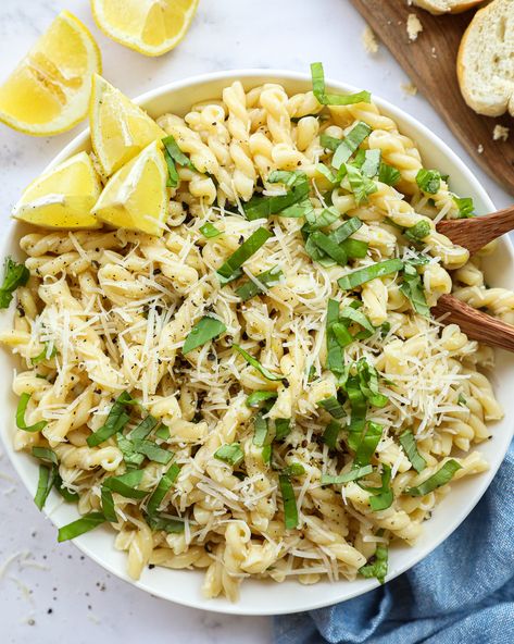 A delicious pasta salad made with gemelli pasta, shredded parmesan and fresh basil all tossed in an easy homemade lemon-basil vinaigrette! It's the perfect summery side dish! Pasta Salad Recipes Small Batch, Lemon Basil Pasta Salad Trader Joes Recipe, Lemon Vinaigrette Pasta Salad, Trader Joe’s Lemon Basil Pasta Salad, Pasta Salad Recipes Parmesan, Light Pasta Side Dishes, Trader Joes Lemon Basil Pasta Salad Copycat, Lemon Herb Pasta Salad, Parmesan Pasta Salad Cold