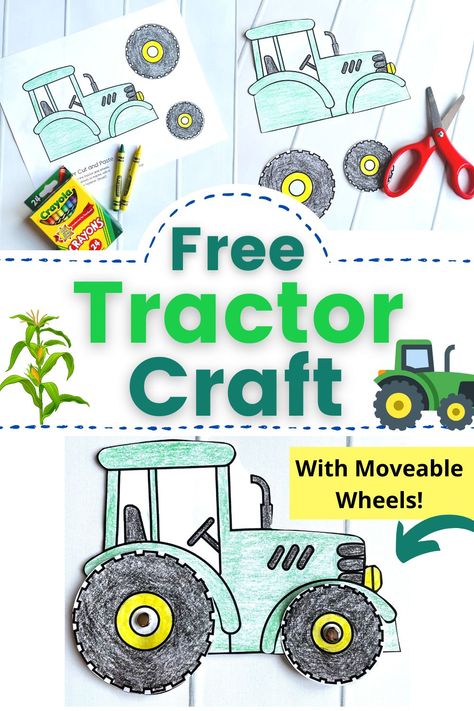 tractor paper craft, free printable tractor craft with moveable wheels Cow Art Activities Preschool, Fun On The Farm Preschool, Farm Equipment Activities For Preschool, Farm Preschool Printables, Farm Art For Preschoolers, Farm Themed Stem Activities, Tractor Printables Free, Barn Crafts For Kids, Free Tractor Printables