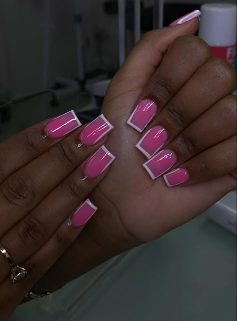 Different French Manicure Ideas Square, Dark Pink Acrylic Nails, Dark Pink Nails Acrylic, Pink And Black Nails Short, Baby Pink Square Nails, Nails Acrylic Designs Unique, Hot Pink And Black Nails Acrylics, Pink Gel Nails Ideas, Black And Hot Pink Nails