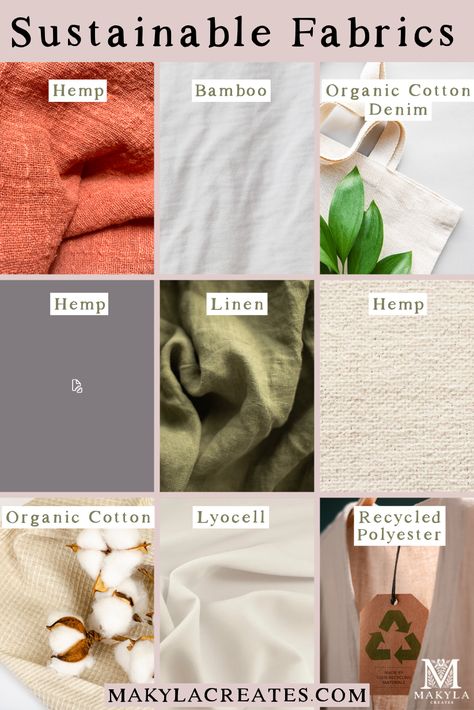 A collage of 9 different types of sustainable fabrics Quality Fabric Guide, Names Of Fabric Prints, Different Types Of Fabric Material, Clothes Material Fabrics, Name Of Fabric Material, Cloth Business Ideas, Best Fabrics For Clothes, Clothing Material Fabrics, How To Discover Your Style