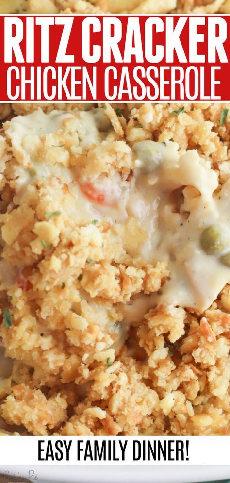 This Ritz Chicken Casserole makes a delicious family dinner any night of the week. Tender chicken is baked in a creamy sauce with carrots and peas and then topped with crushed RItz crackers for a fun, crispy golden topping! Chicken Casserole With Crackers, Crispy Ritz Chicken Casserole, Chicken Casserole With Ritz Topping, Creamy Chicken Ritz Casserole, Crouton Chicken Casserole, Healthy Ritz Chicken Casserole, Chicken Sour Cream Ritz Crackers, Yum Yum Chicken Casserole, Chicken Ritz Casserole Recipes