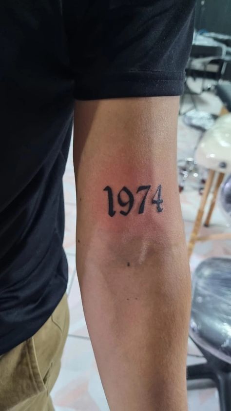 Birthyear Tattoo Ideas Men, Tattoos With Years, 1974 Tattoo Ideas, 1974 Tattoo Number, 1980 Tattoo Ideas, Year Tatoos, Birthyear Tattoo Ideas, 1973 Tattoo, 1974 Tattoo