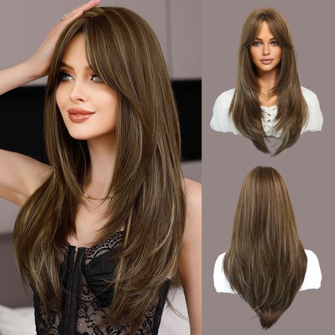 Long Layered Hair With Side Bangs, Long Hair With Bangs And Layers, Wig With Curtain Bangs, Haircuts For Long Hair Straight, Long Hair Cuts Straight, Wavy Layered Hair, Layered Wig, Long Wavy Wig, Haircuts For Long Hair With Layers